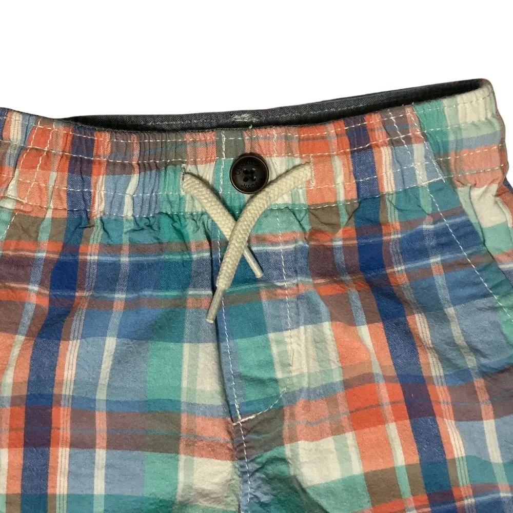 OshKosh B'Gosh Boy's Plaid Shorts Size 3T Drawstring Pockets Cotton Blue/Orange